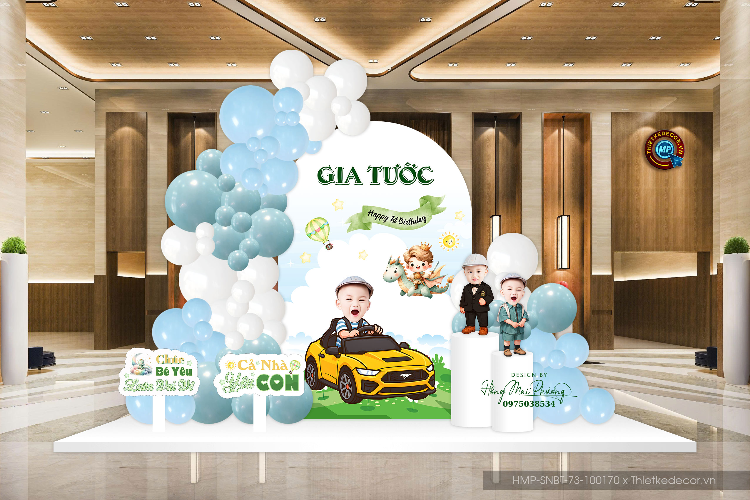 Tiệc sinh nhật bé trai tuổi rồng mê xe toen xanh dương mix xanh lá